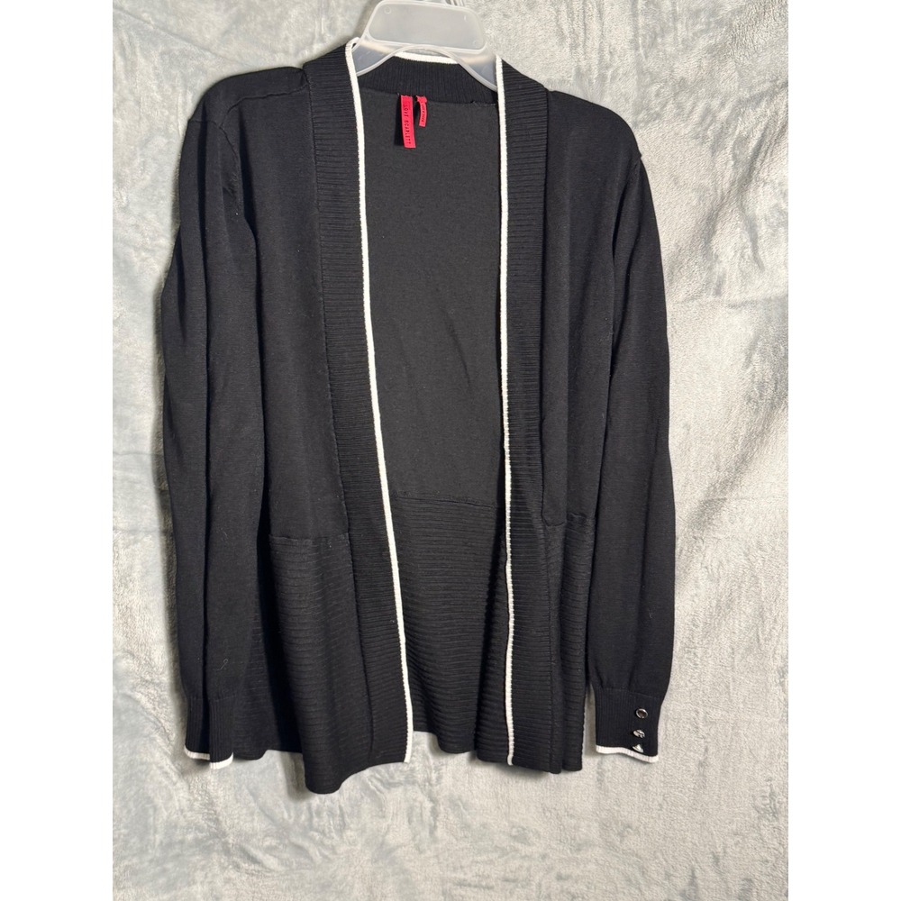 LOVE Scarlett Black White Trim Open Front Cardigan Sweater Womens